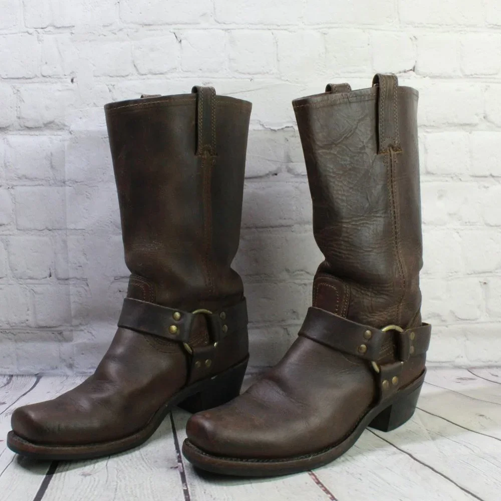 FRYE 77300 Leather Pull On Mid Calf Harness Square Toe Riding Boots Size 8.5 M - Picture 2 of 9